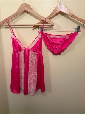 Victoria’s Secret Pink Lace-Trim Satin Chemise & Bikini Set